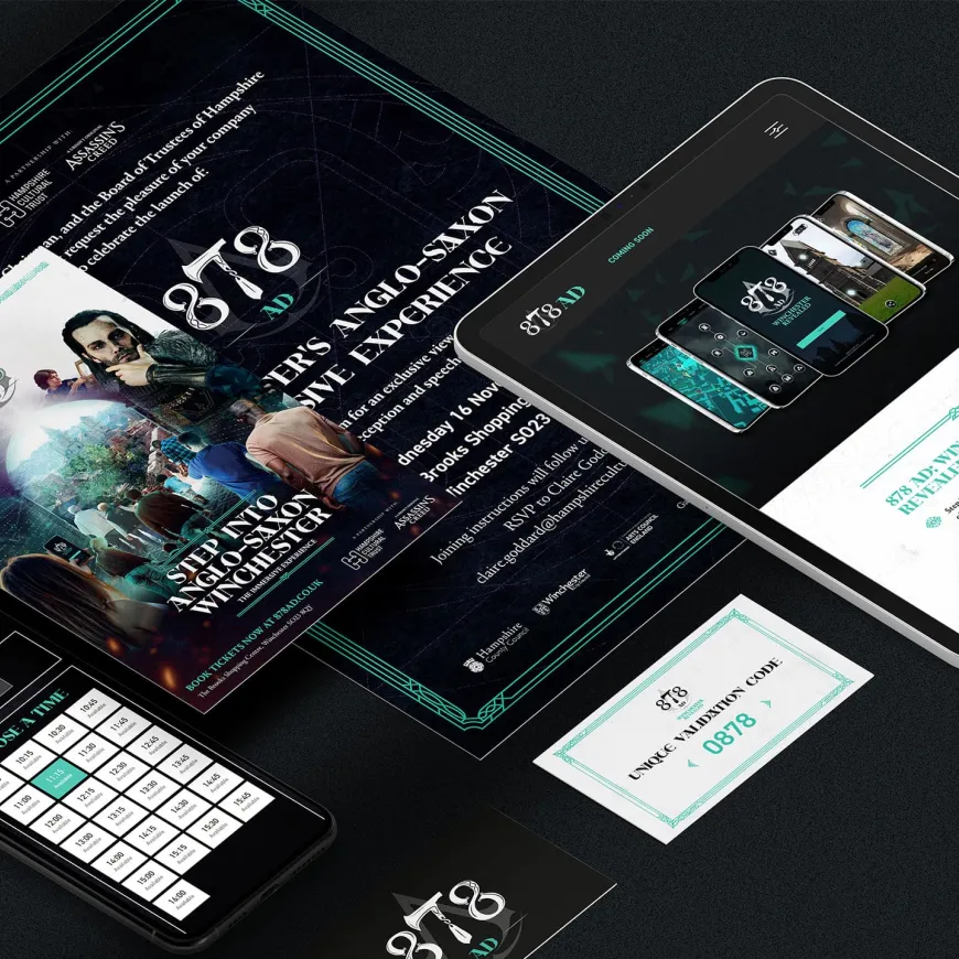 A flat lay image featuring digital assets for 878 ad