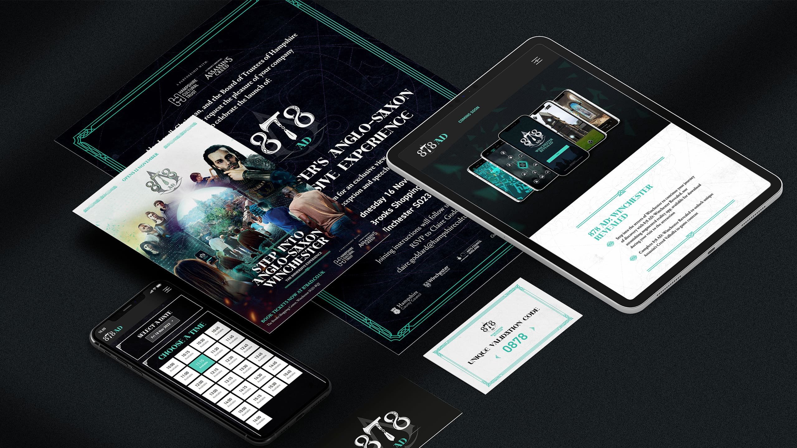 A flat lay image featuring digital assets for 878 ad