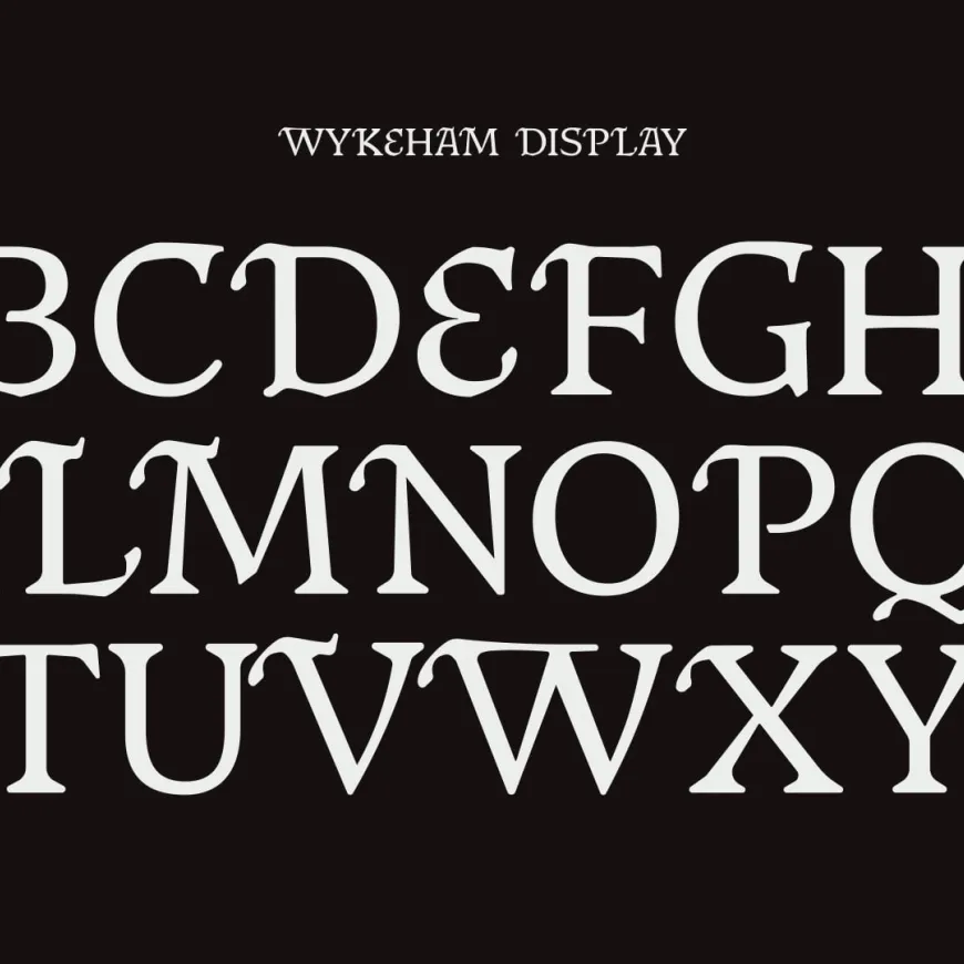Alphabet specimen showing the Wykeham Display typeface in large cream letters against a black background