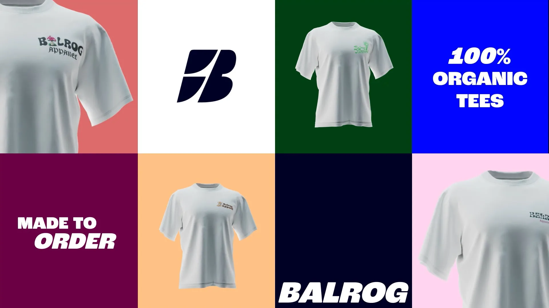 Grid of t-shirt mockups and balrog logo and icon