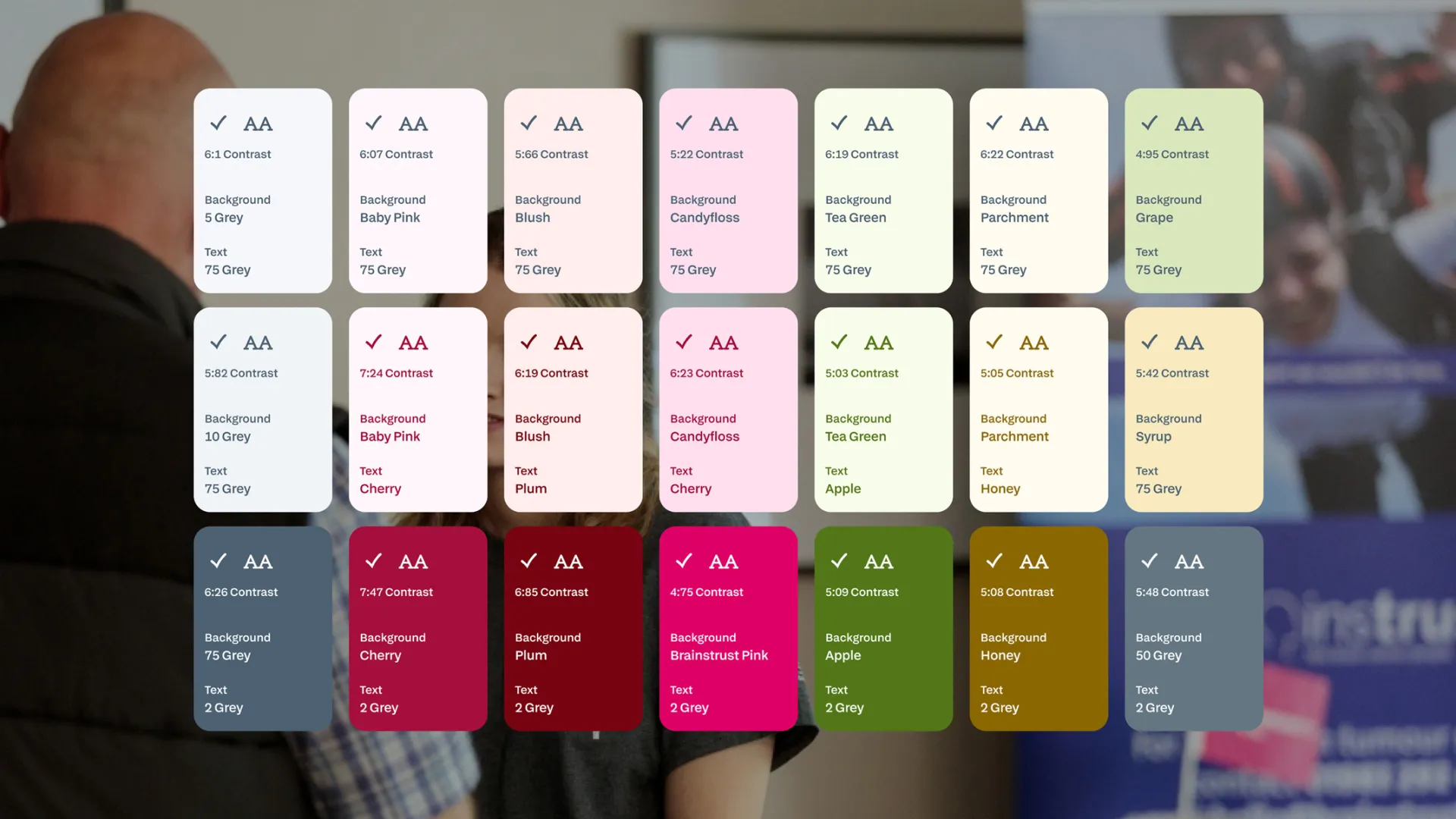 Colour and text combination cards for legibility on a photo background.