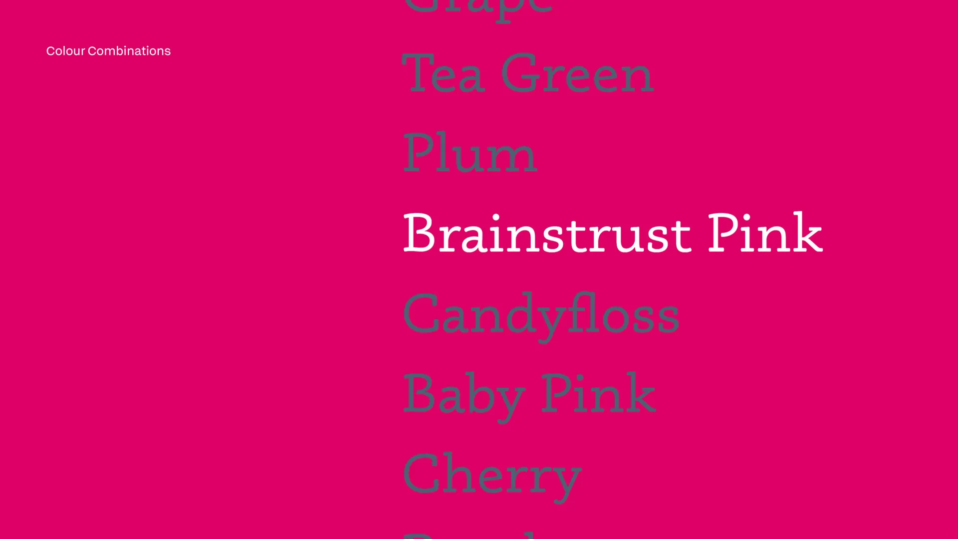 Pink background with names of Brainstrust colour names.