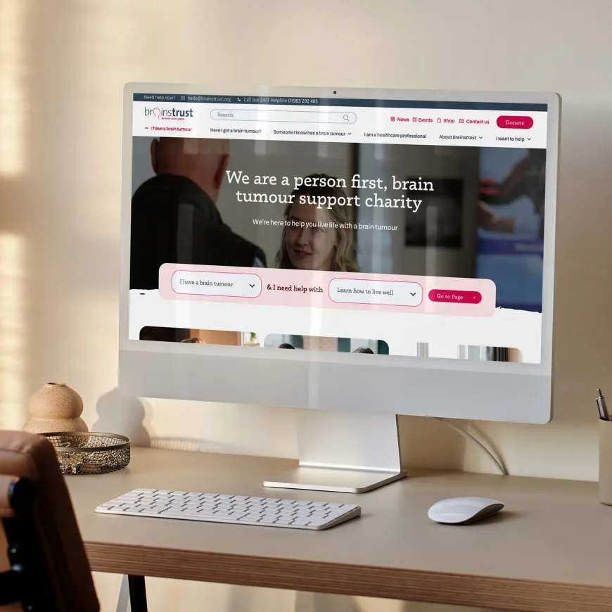 Desktop mockup of the brainstrust website home page with help search bar.