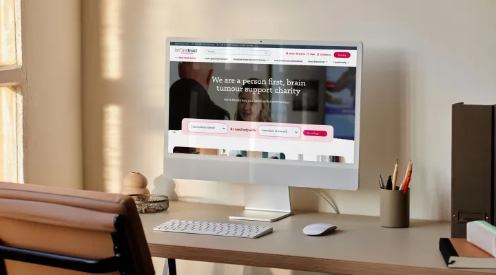 Desktop mockup of the brainstrust website home page with help search bar.
