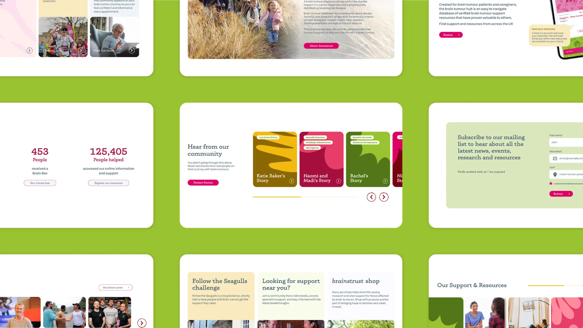 Website components laid out in a grid over a lime green background.