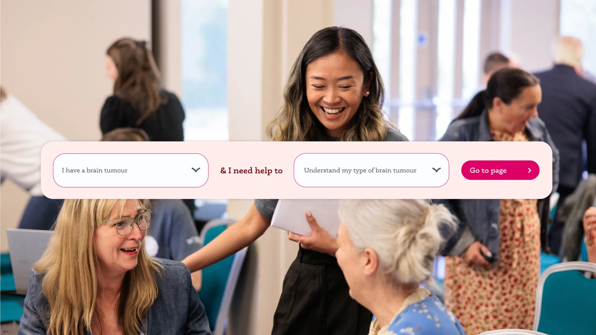 Brainstrust search help bar component over an image of brainstrust volunteers.