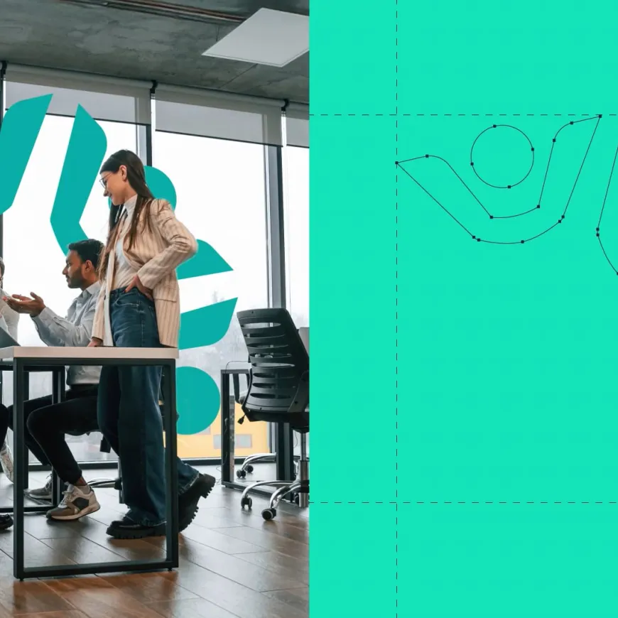 split screen image, on the left four people discuss business at a table, on the right a teal green logo
