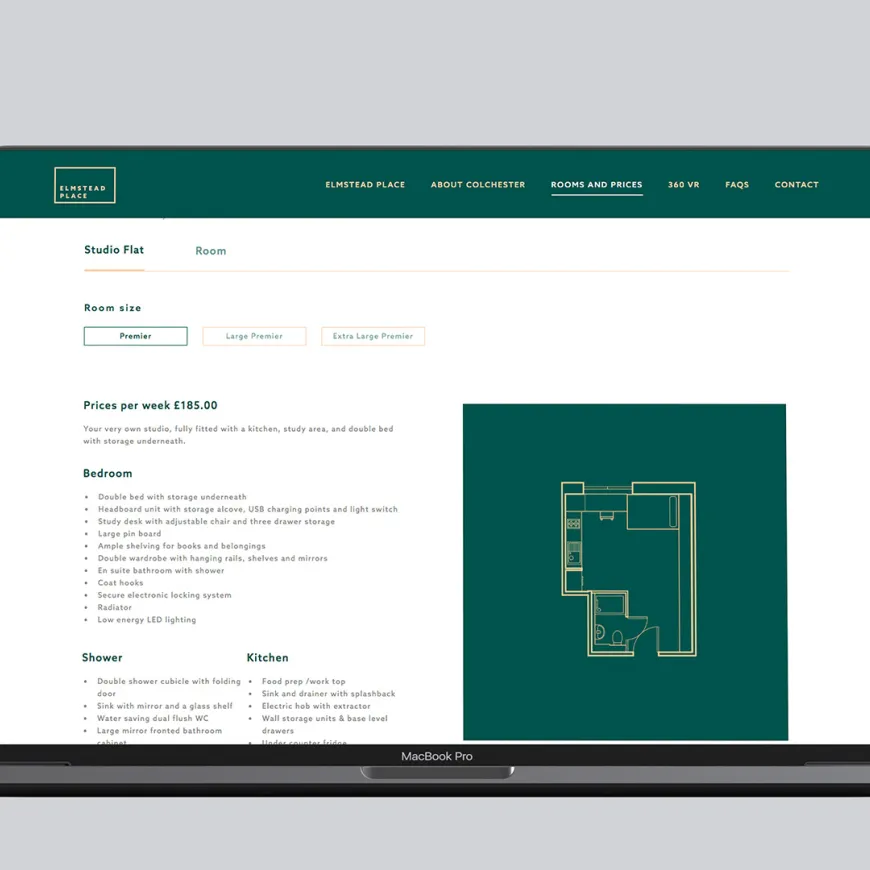 Laptop mockup with Elmstead place website and studio flat page