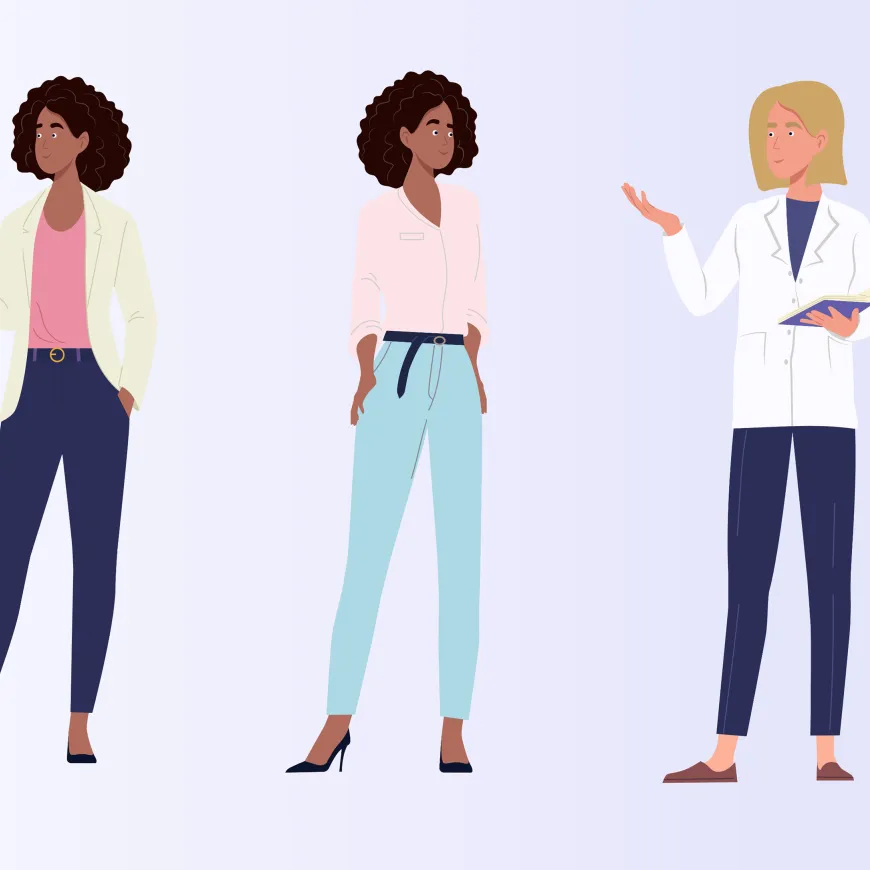 Three character illustrations lined in a row on light purple background.