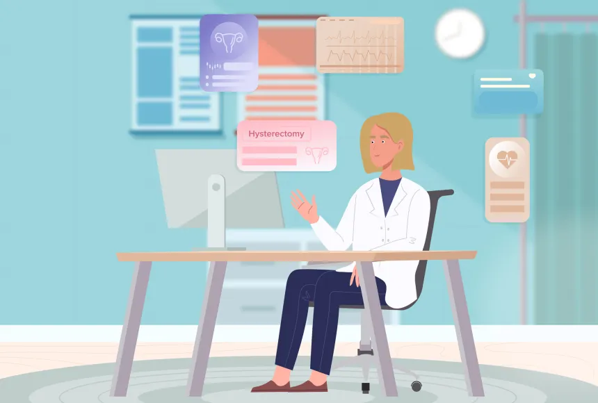 Female doctor in her office at her desk with floating cards, with health statistics.