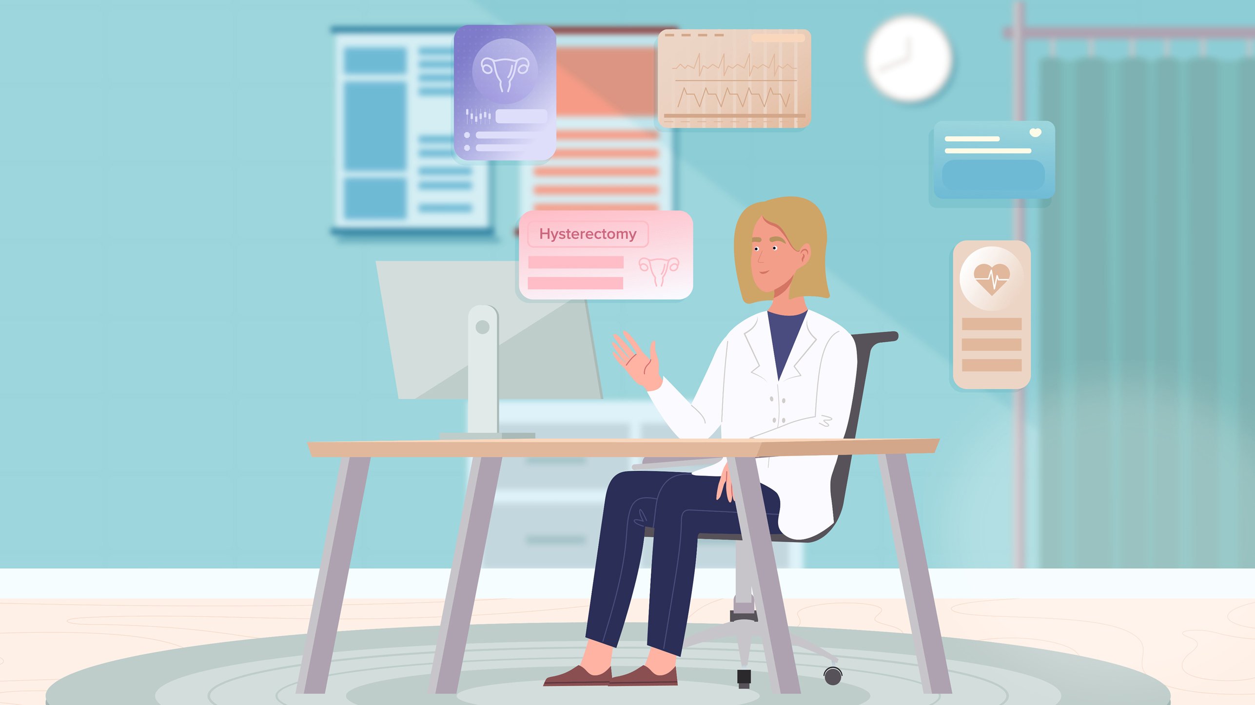 Female doctor in her office at her desk with floating cards, with health statistics.