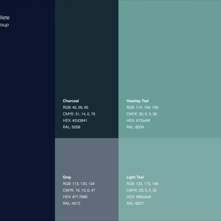 Hazely Group colour palette displaying navy, charcoal, teal, grey and white brand colours with their specifications