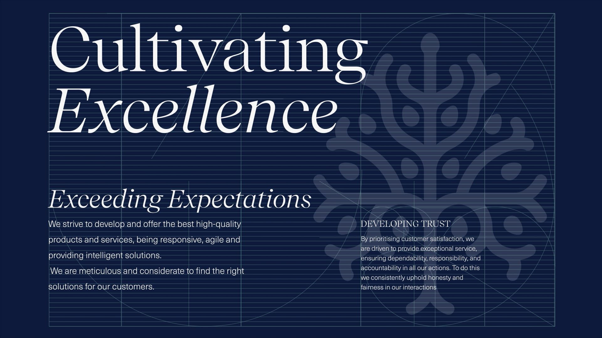 Typography-led graphic featuring the words “Cultivating Excellence” alongside a stylised tree motif and supporting brand values