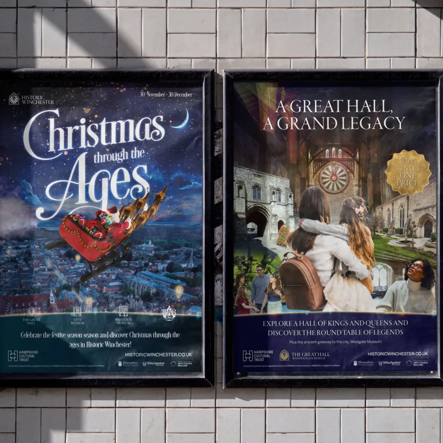 two posters in a train station showing different events for the great hall