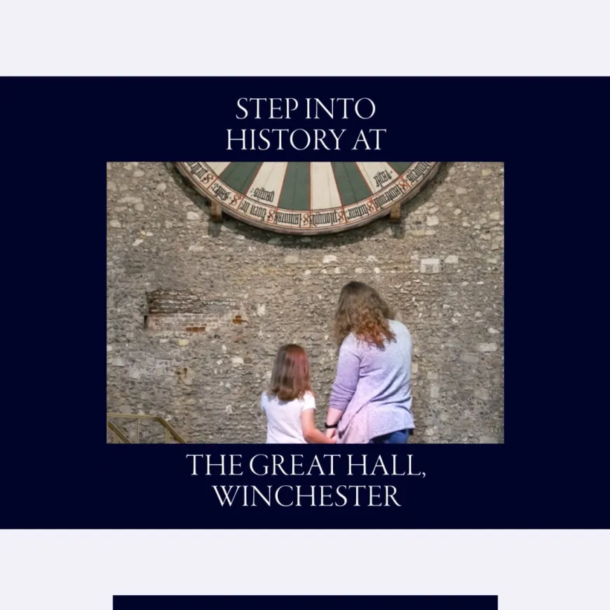 a dark blue screen with the words step into history at the great hall winchester featuring a mother and child