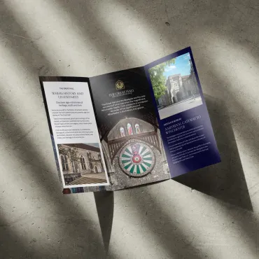 an open tri-fold leaflet with information about the great hall