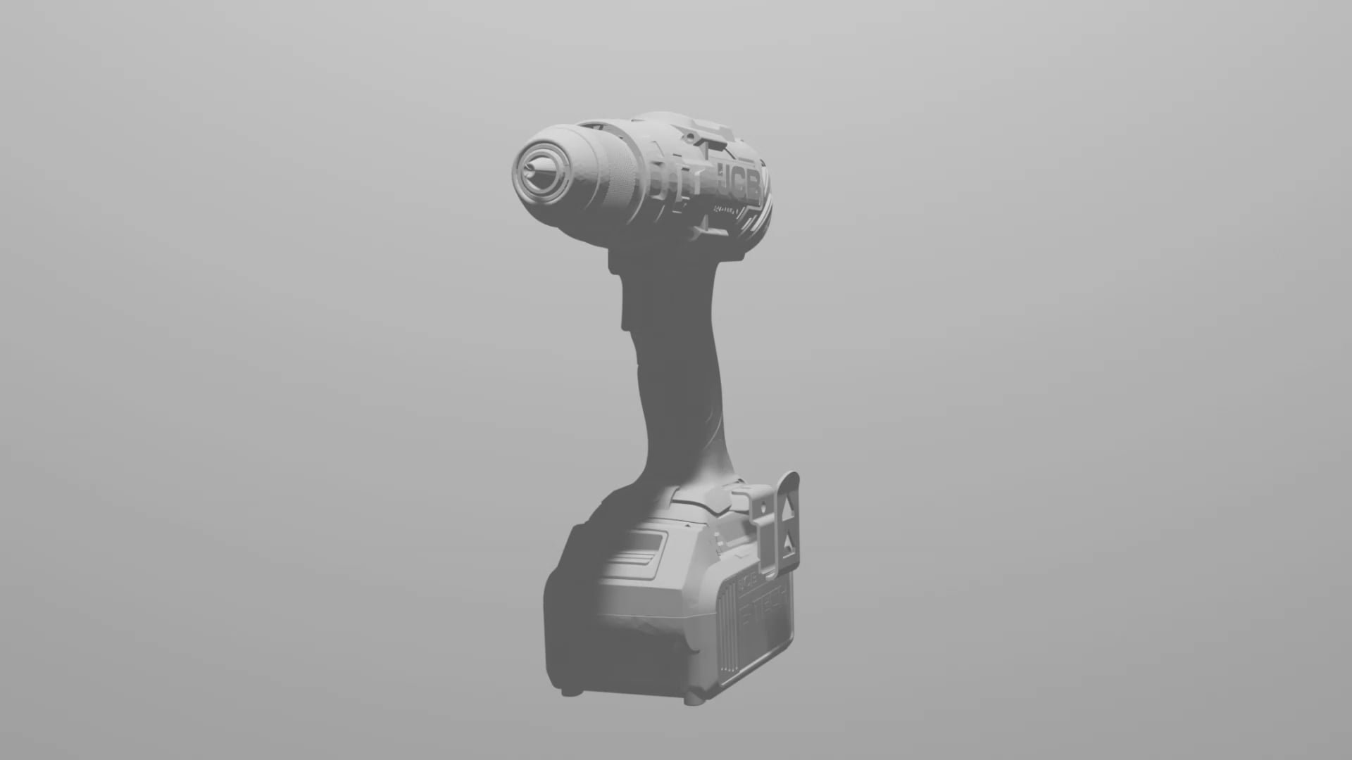 a cgi render of a grey power drill