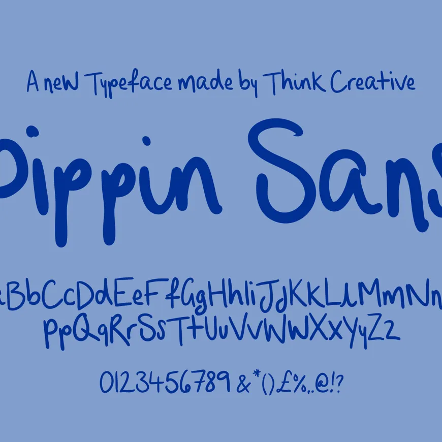 Pippin Sans font and alphabet written in dark blue over a light blue background.