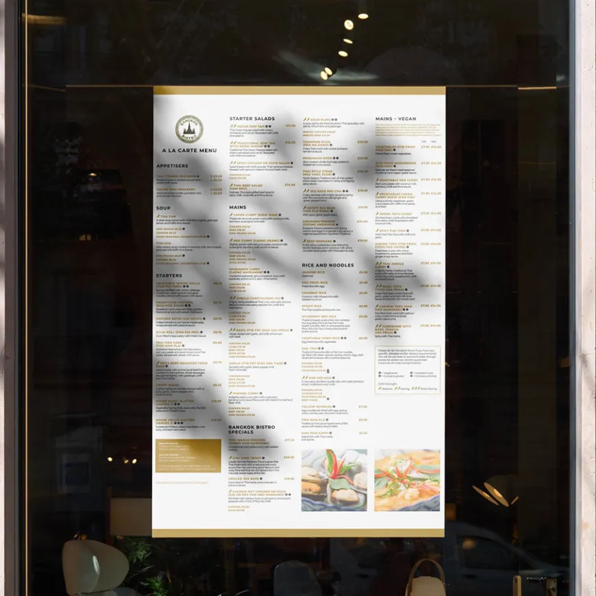 A2 menu for Bangkok bistros a la carte selection in a window.