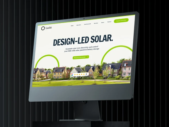 A computer render with a webpage 'design-led solar' is written in black