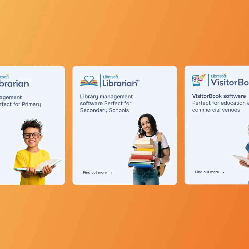 Three information cards with alternating student images on orange background
