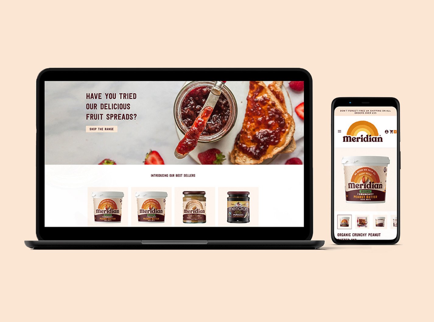 Laptop and mobile mockup of Meridian shop home page.