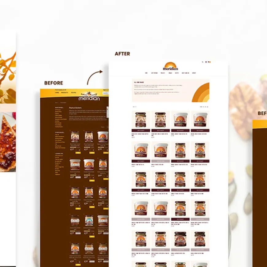 Before and after images of the Meridian website main pages.