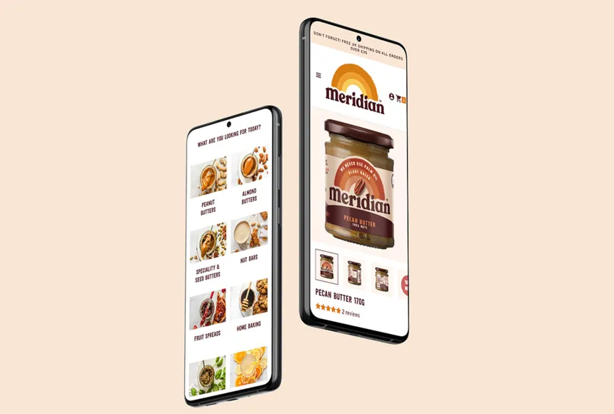 Two mobile phone mockups of Meridian product pages.