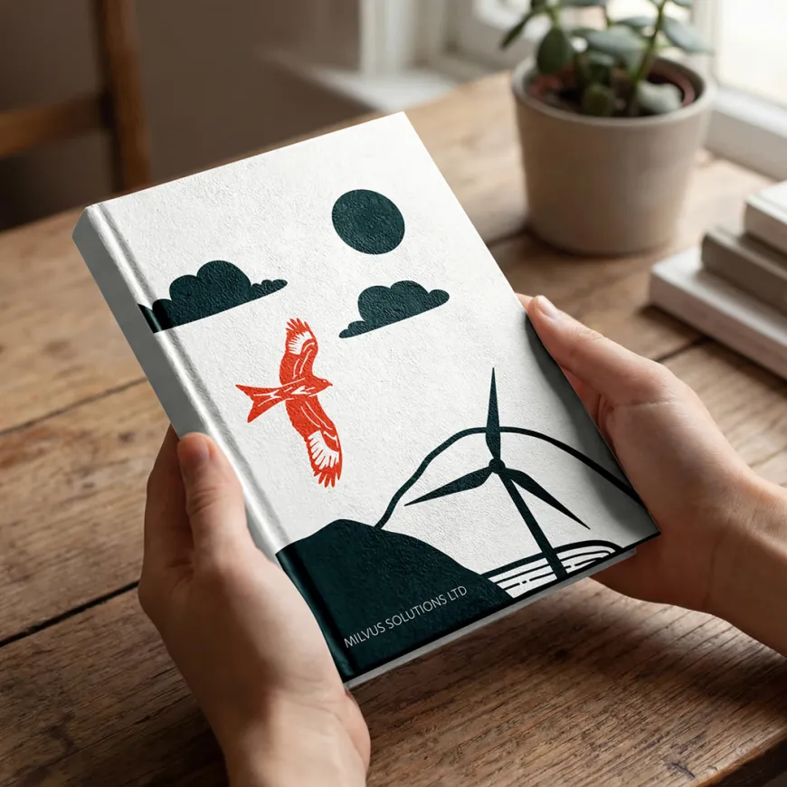 Illustrated cover of a red kite flying over a wind turbine on the cover of a white hardback notebook.