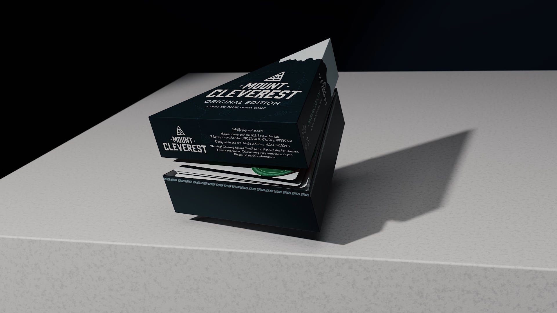 Triangular shaped card game boxes midway opening