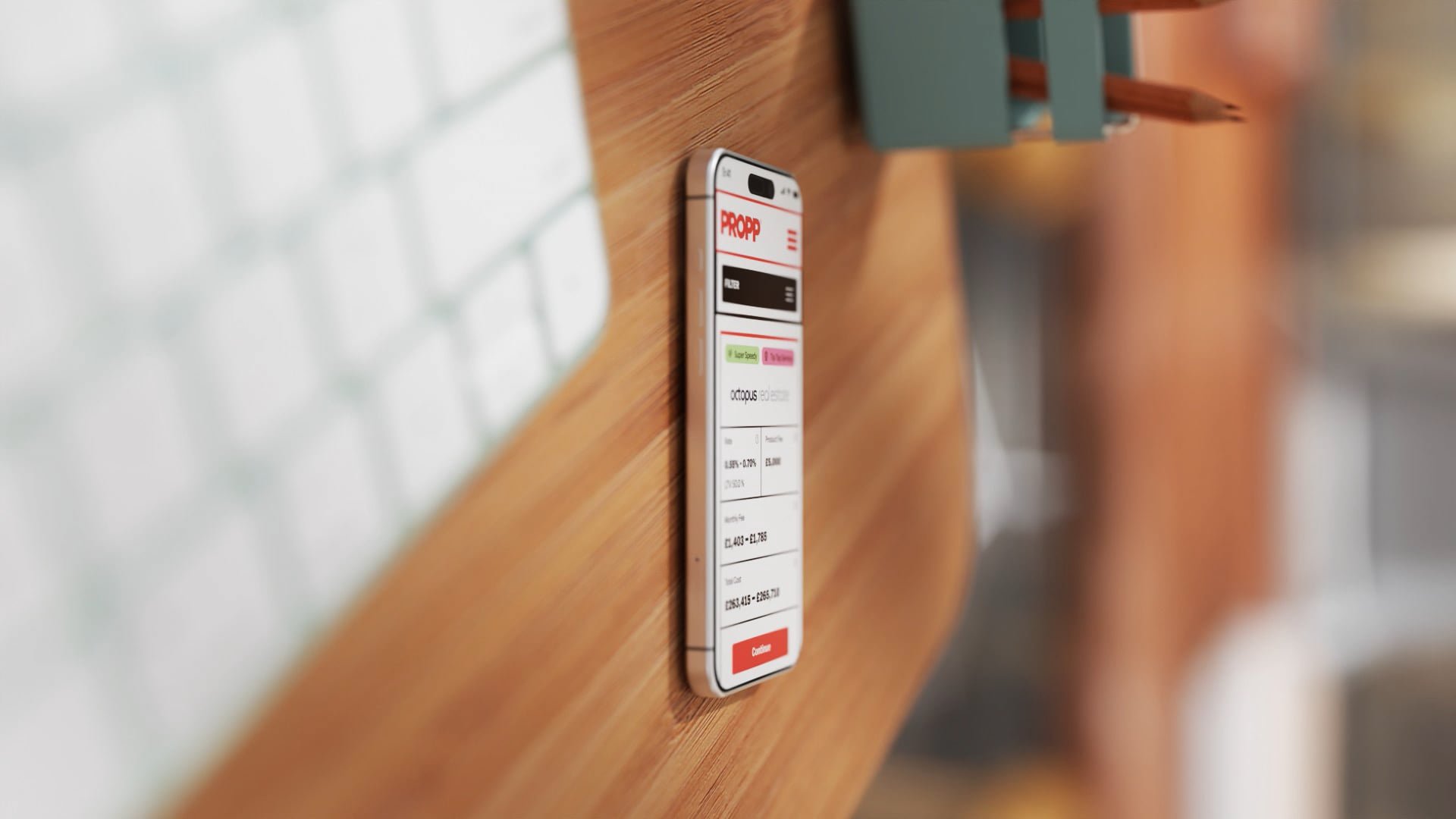 Phone laying flat on blurred desk