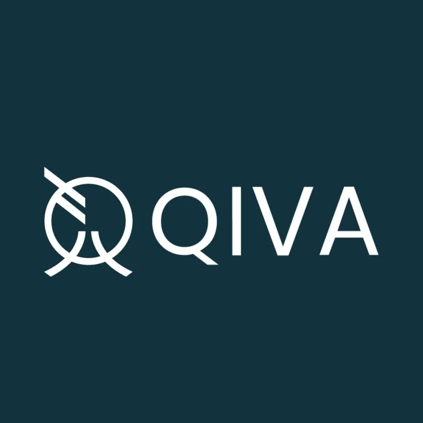 a blue background with a white logo and QIVA