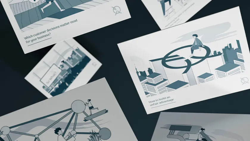 illustrated elements of a logo and people doing various activities