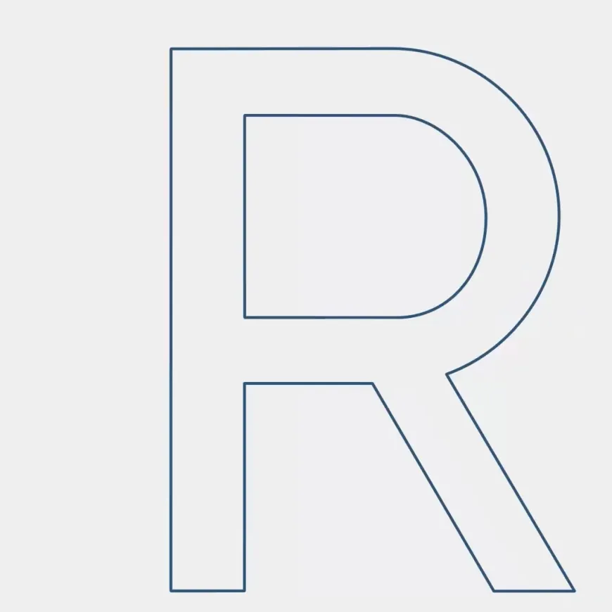 a blue capital r in the centre of a white screen