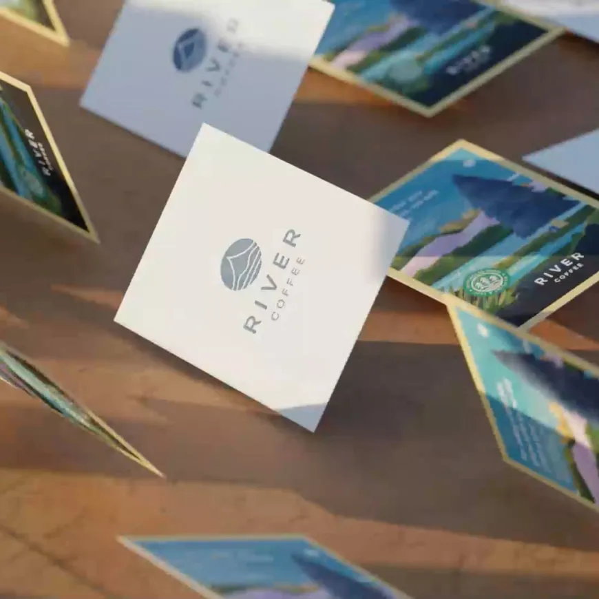 River coffee business cards mid rotation featuring water colour illustrations