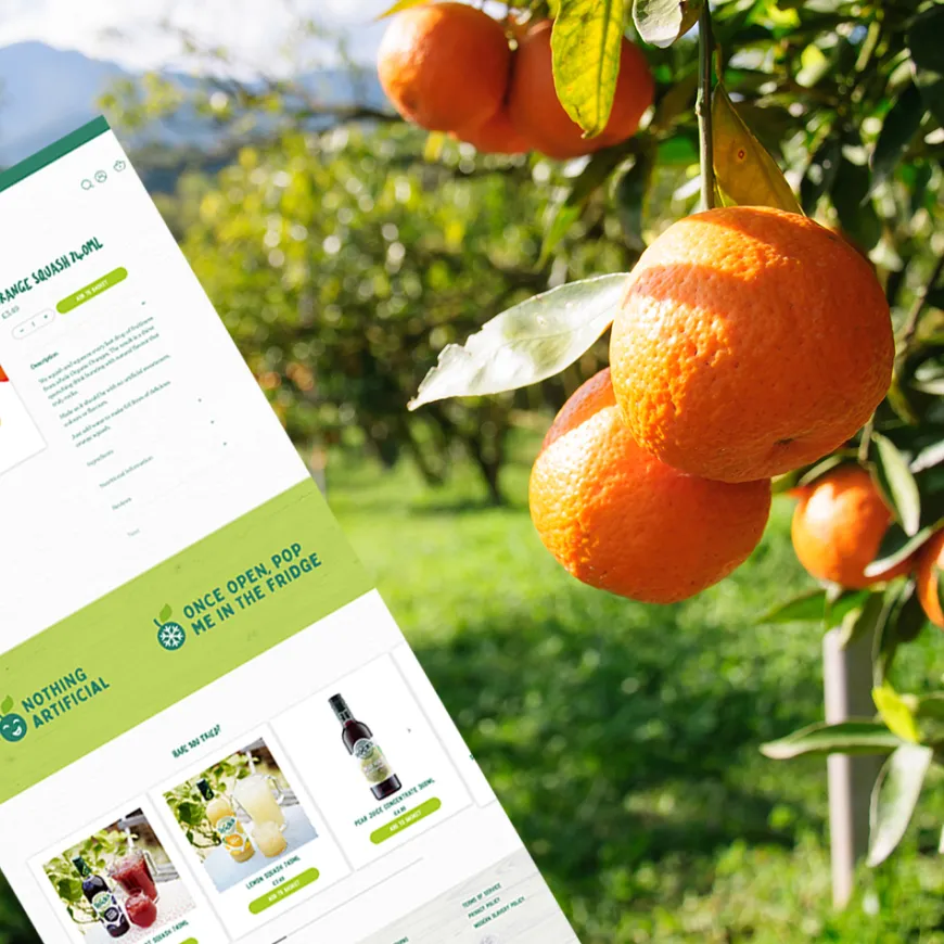 a long render of a webpage, in an orange orchard
