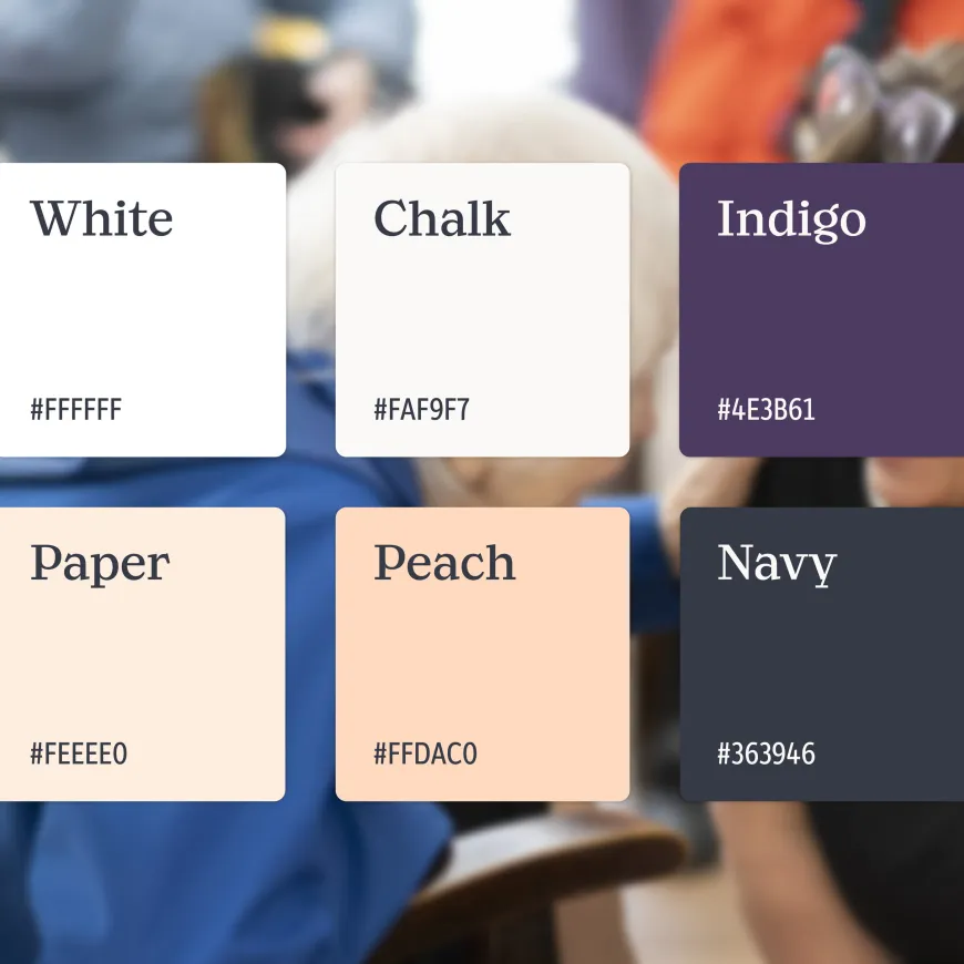 A colour palette showing White, Chalk, Indigo, Paper, Peach and Navy swatches with hex codes.