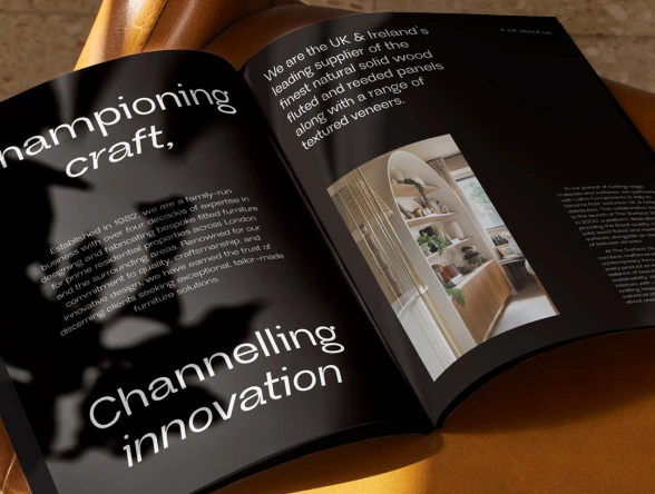 Open booklet of wood panel product range