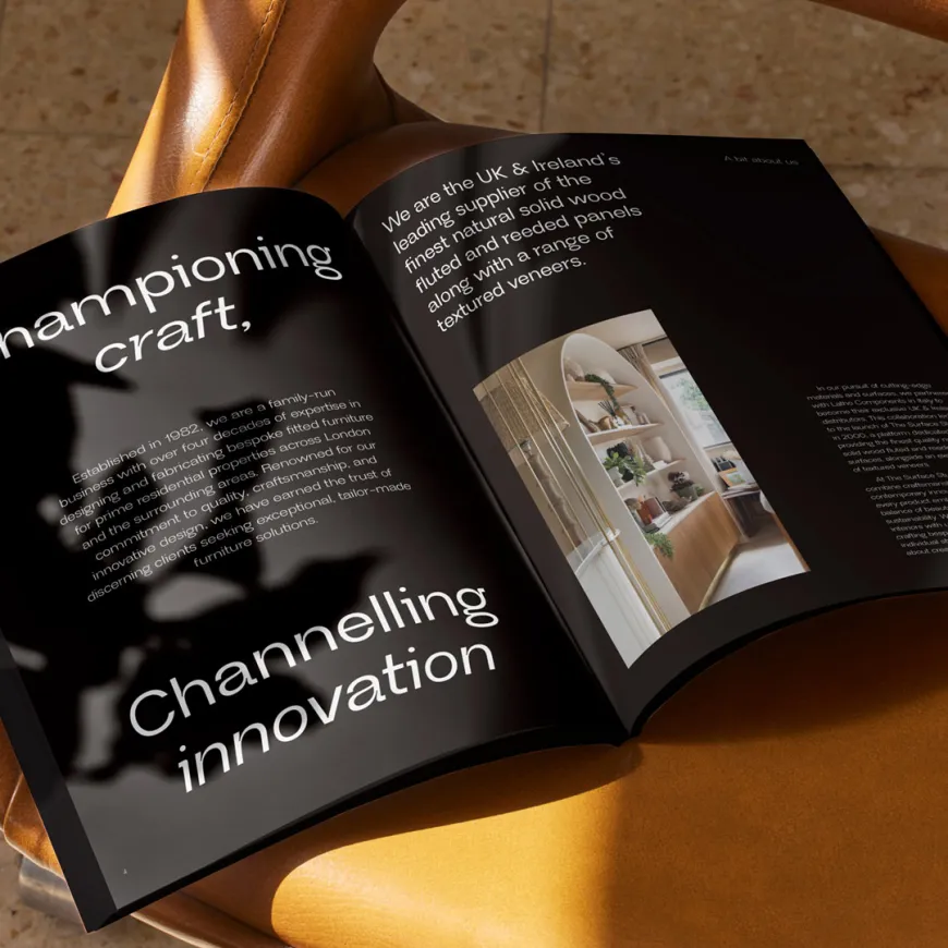 Open booklet of wood panel product range