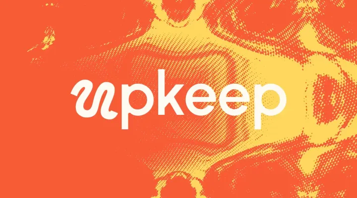 Orange and yellow pixelated gradient artwork background with the Upkeep logo aligned in the centre of the image.