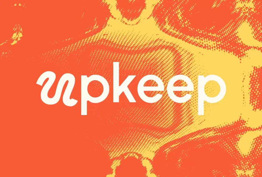Orange and yellow pixelated gradient artwork background with the Upkeep logo aligned in the centre of the image.