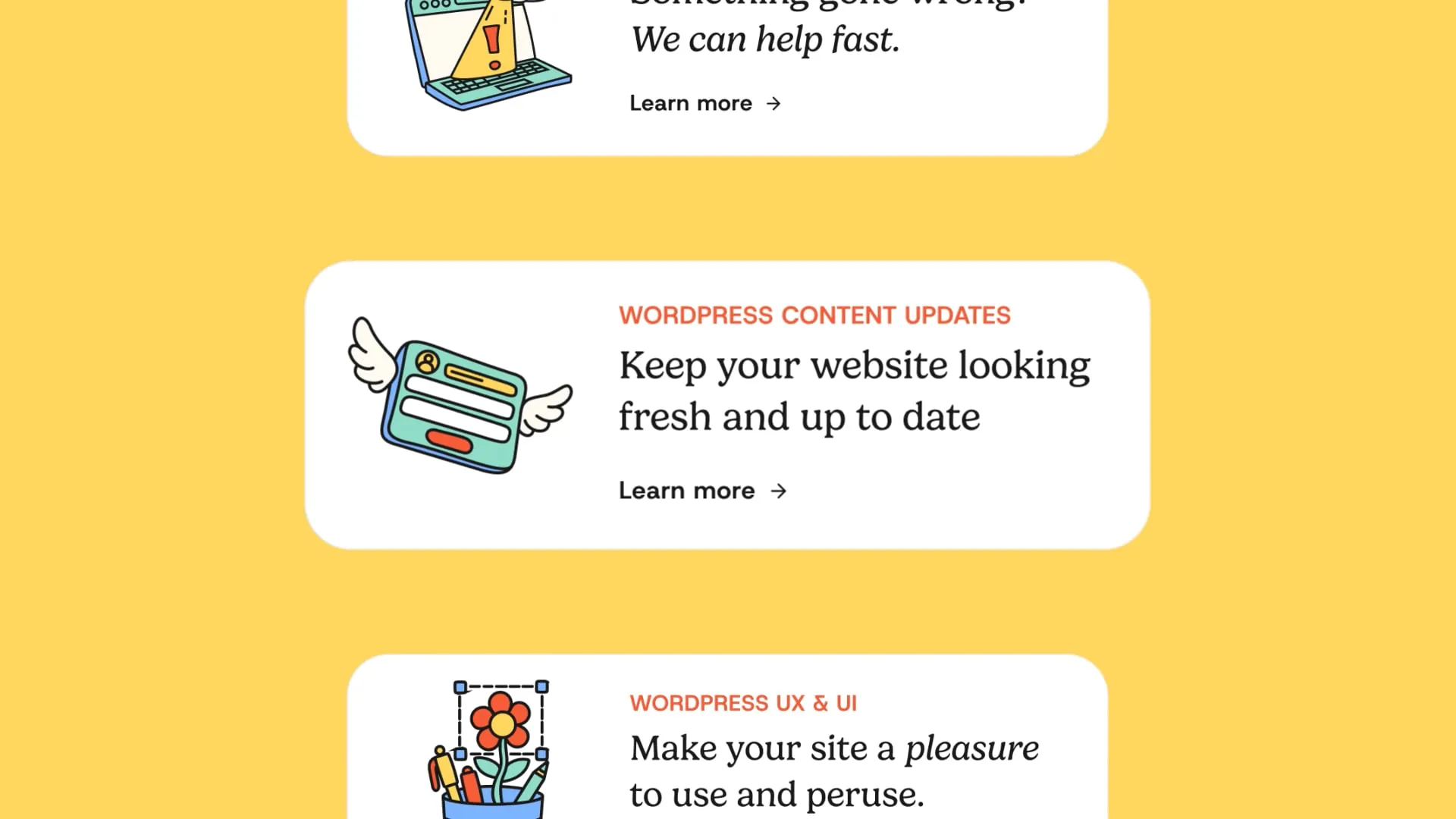 Upkeep pop up modular desktop components, 'Learn more' boxes laid over a yellow background.