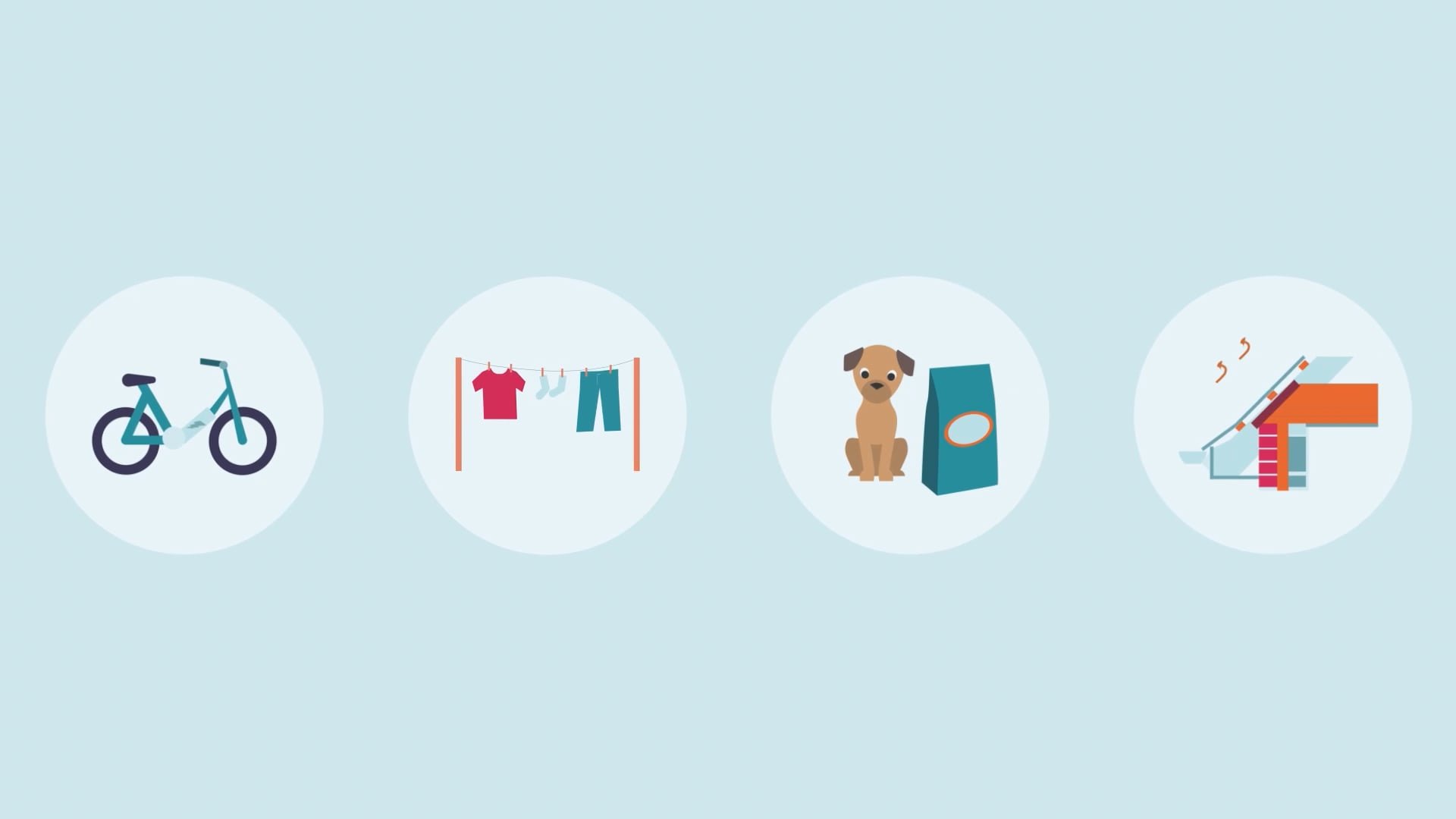 four icons on a blue background showing a bike, a washing line and a dog