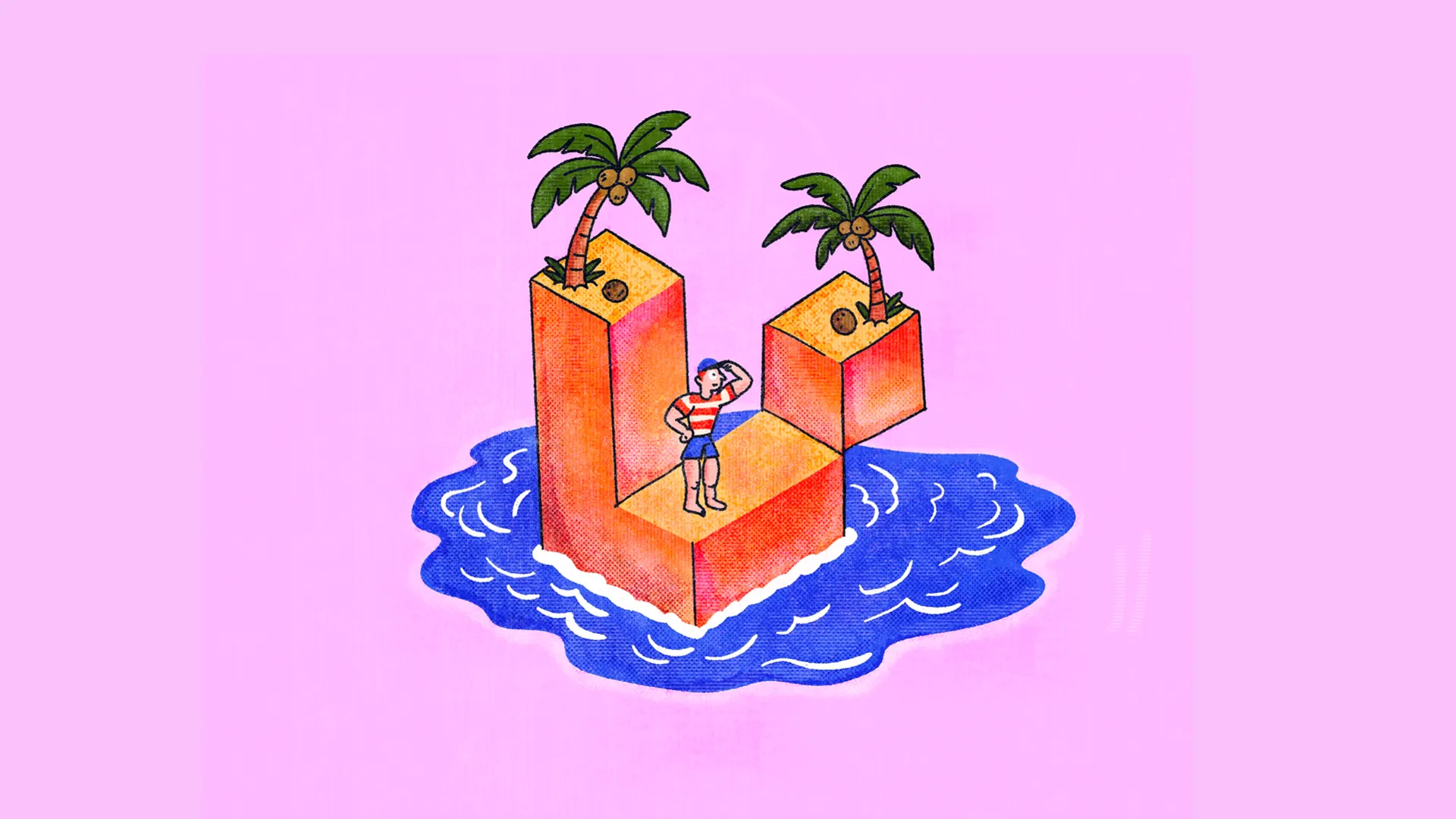 a man stood on an L shaped island