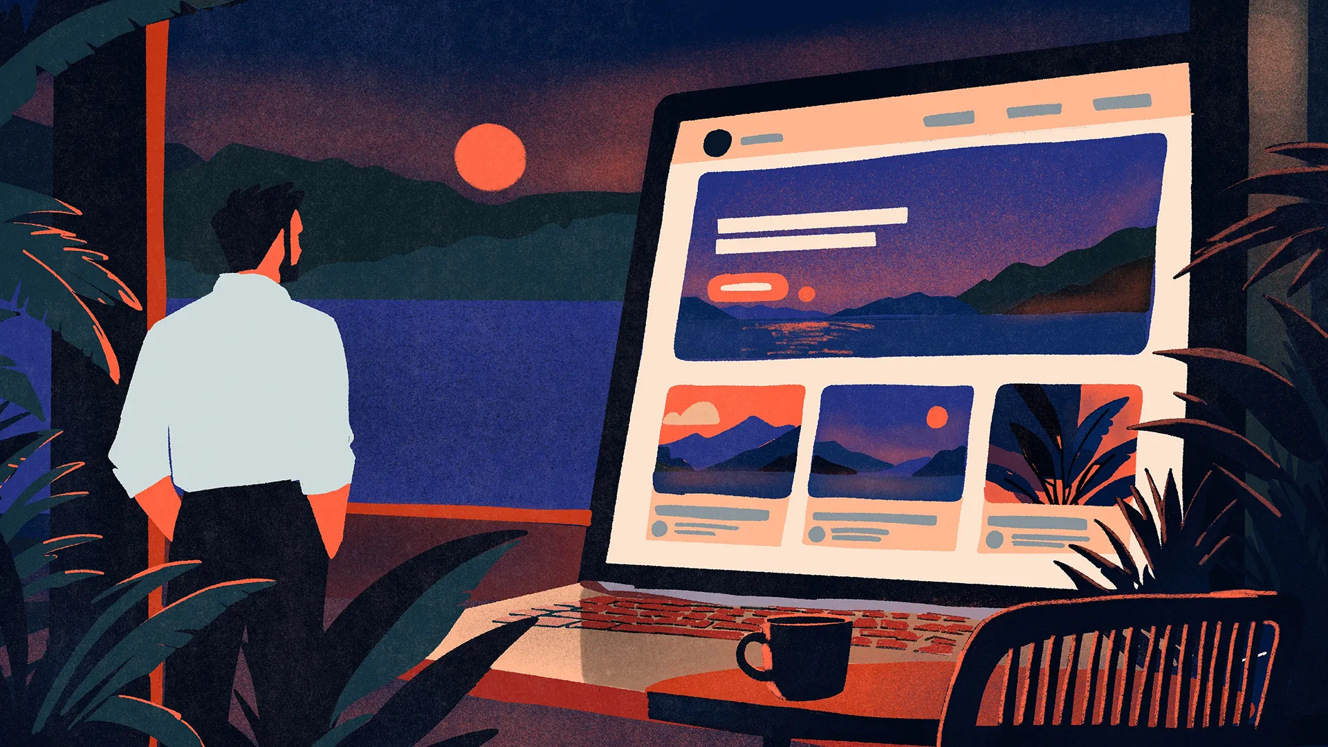 illustration of a man looking at a giant computer screen