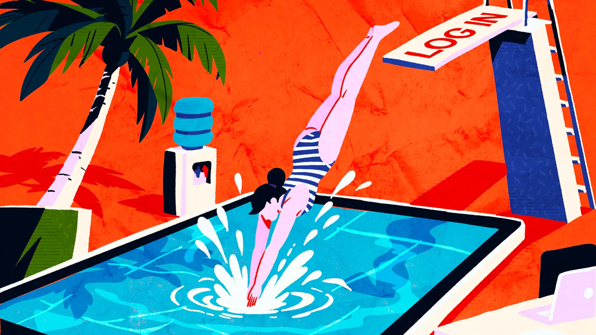 an illustration of a woman diving into an ipad shaped pool