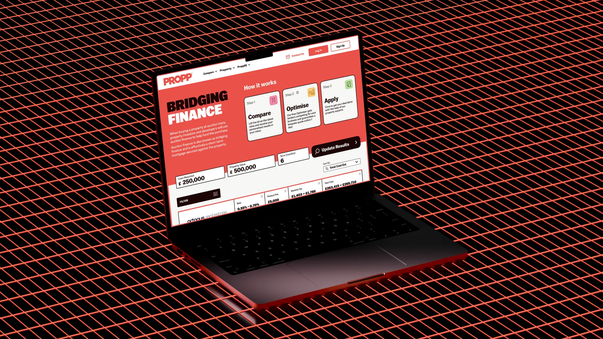 A render of a laptop on a red goemetric backgorund